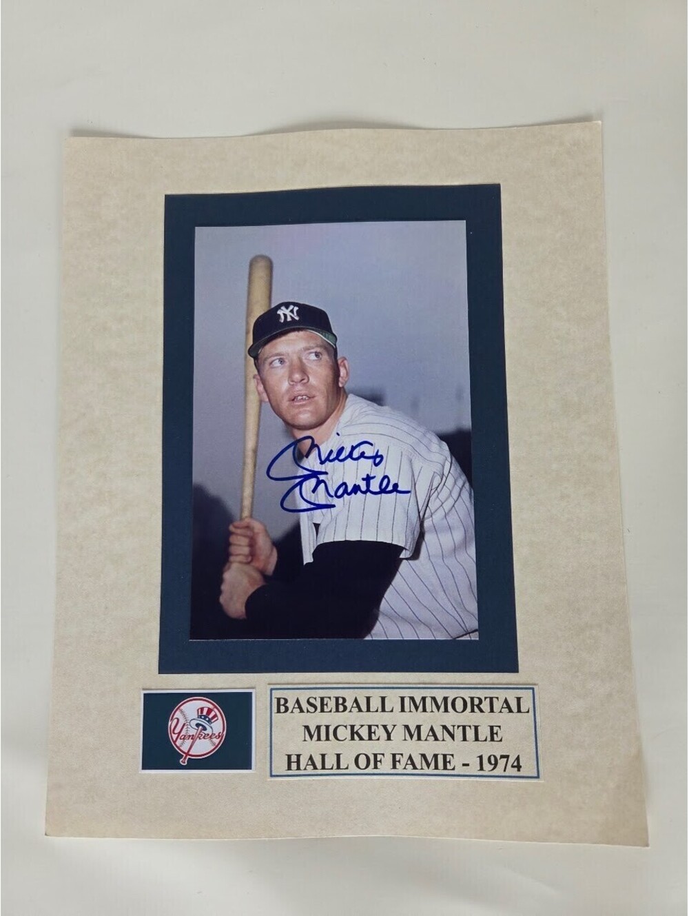 Mickey Mantle Autographed Yankees Photo Hall of Fame Display Plaque 1974 MLB